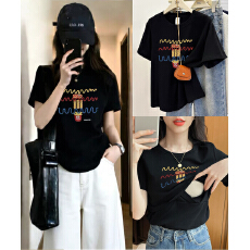 批发出货中 哺乳纯棉<b class='q'>夏</b>季短袖圆领T恤产后辣妈显瘦条纹喂奶上衣月子