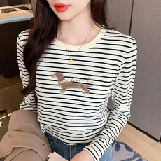 批发实拍 秋冬<b class='q'>哺乳</b><b class='q'>纯棉</b>T恤产后百搭显瘦月子服条纹小狗喂奶打底<b class='q'>上衣</b>