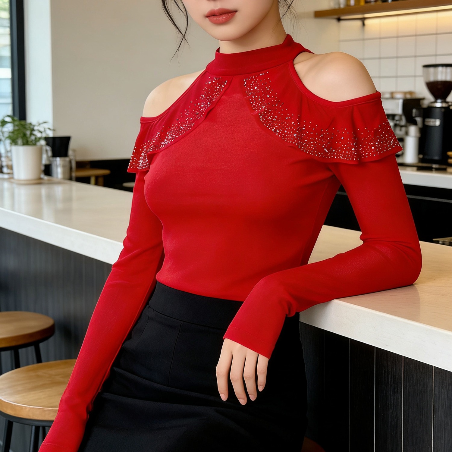 2026 봄 새로운 망사 패치워크 오프숄더 프릴 핫픽스 긴팔 몸매 가꾸기 슬림해 보이는 여성 셔츠 다용도 t