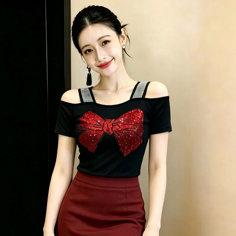 2026 여름 새로운 이슬 쇄골 보트넥 이중층 얼음 와이어 메쉬 핫픽스 슬림해 보이는 반팔 다용도 여성 셔츠