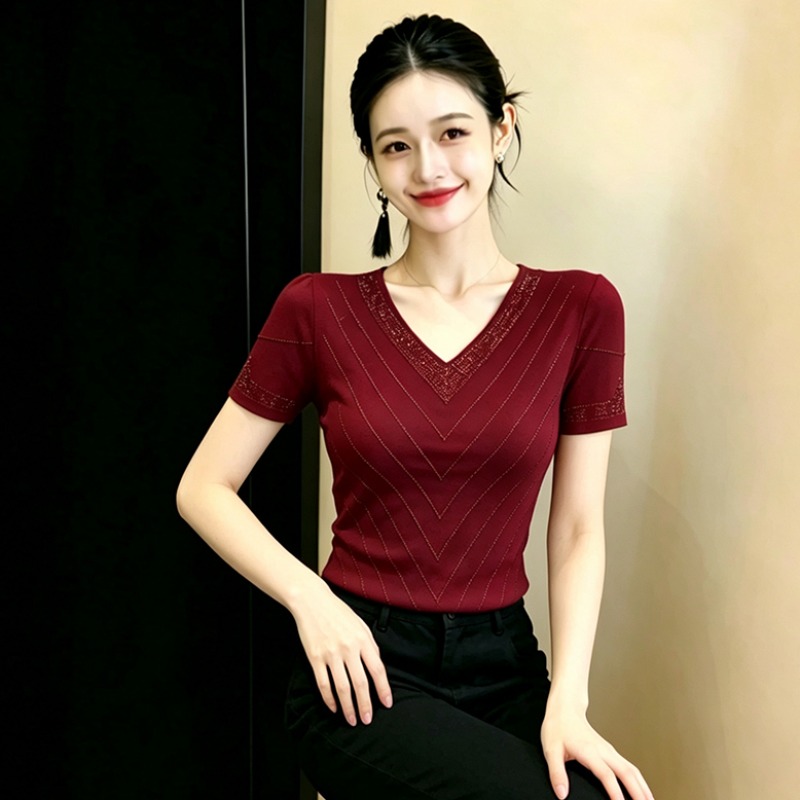 2026 여름 새로운 섹시함 V넥 무거운 공예 다이아몬드 세팅 반팔 맨위 몸매 가꾸기 슬림해 보이는 다용도 망사 티셔츠