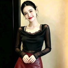 批发2026秋季新款<b class='q'>网纱</b>堆堆领小众设计搭配蕾丝收皱显瘦百搭<b class='q'>打底衫</b>上衣