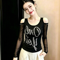 批发秋季新款性感露肩<b class='q'>网纱</b>长袖T恤女 重工烫钻字母显瘦<b class='q'>打底衫</b>洋气上衣