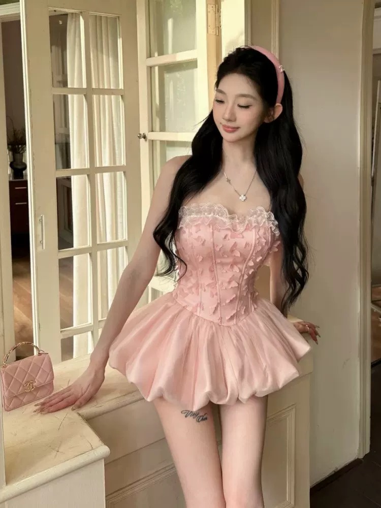 작은 푸 나비 프랑스식 순수한 욕망 바람 핫걸 무거운 작업 꽃무늬 몸매 가꾸기 튜브탑 여자 드레스