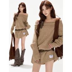 批发慵懒风<b class='q'>蝴蝶结</b>羊毛厚款毛衣<b class='q'>连衣裙</b>性感一字肩辣妹短裙