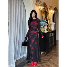 批发双层设计印花盘绣印花修身长款<b class='q'>连衣裙</b>秋冬