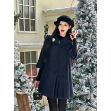 批发藏青色下摆压褶花花可拆卸别针圈圈羊毛呢外套