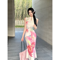 批发繁花叠韵新中式双面穿花卉撞色旗袍<b class='q'>连衣裙</b>女