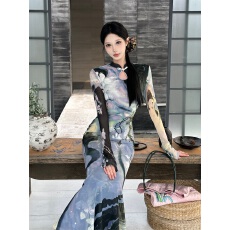 批发“金璎子”印象派原创印花旗袍<b class='q'>连衣</b>裙女高腰显瘦鱼尾<b class='q'>长裙</b>