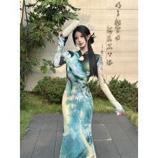 批发“金璎子”印象派原创印花旗袍<b class='q'>连衣</b>裙女高腰显瘦鱼尾<b class='q'>长裙</b>