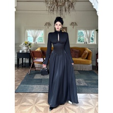 批发法式<b class='q'>复古</b>气质<b class='q'>长裙</b>秋冬长袖立领收腰仿醋酸黑色御姐感连衣裙