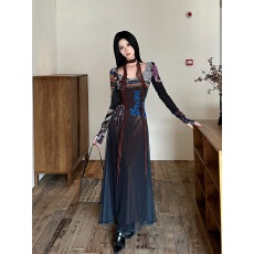 批发秋冬双层设计<b class='q'>复古</b>小众印花修身长款连衣裙