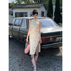 批发妃妃琼瑶珠宝<b class='q'>印花</b>桑蚕丝露背链条原创新中式改良旗袍<b class='q'>连衣裙</b>