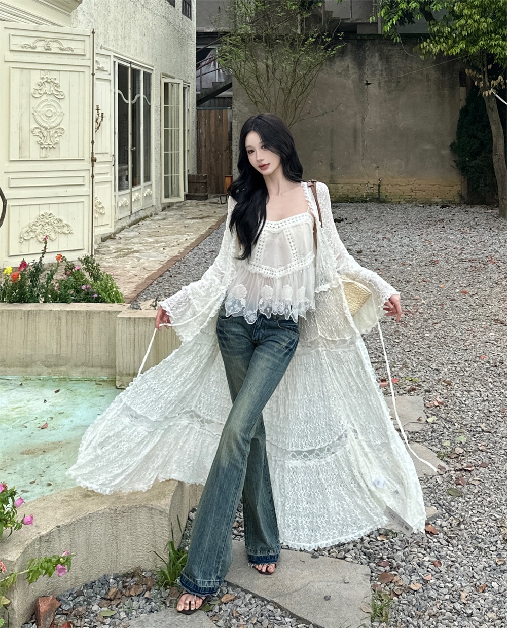 프랑스식 레트로 레이스 스트랩 오픈 가디건 연꽃 잎 소매 레이스 패치워크 자외선 차단 불규칙 망사 슬립 여름
