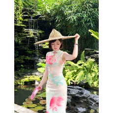 批发桃鱼戏溪新中式女前后两穿亮闪长款旗袍弹力印花连衣裙