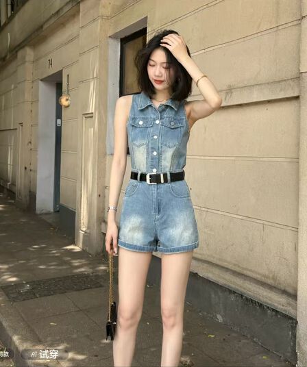 축복 복숭아 추천 여름 새로운 레트로 연령 감소 행침 목 데님 맨위 하이웨이스트 반바지 투피스 세트