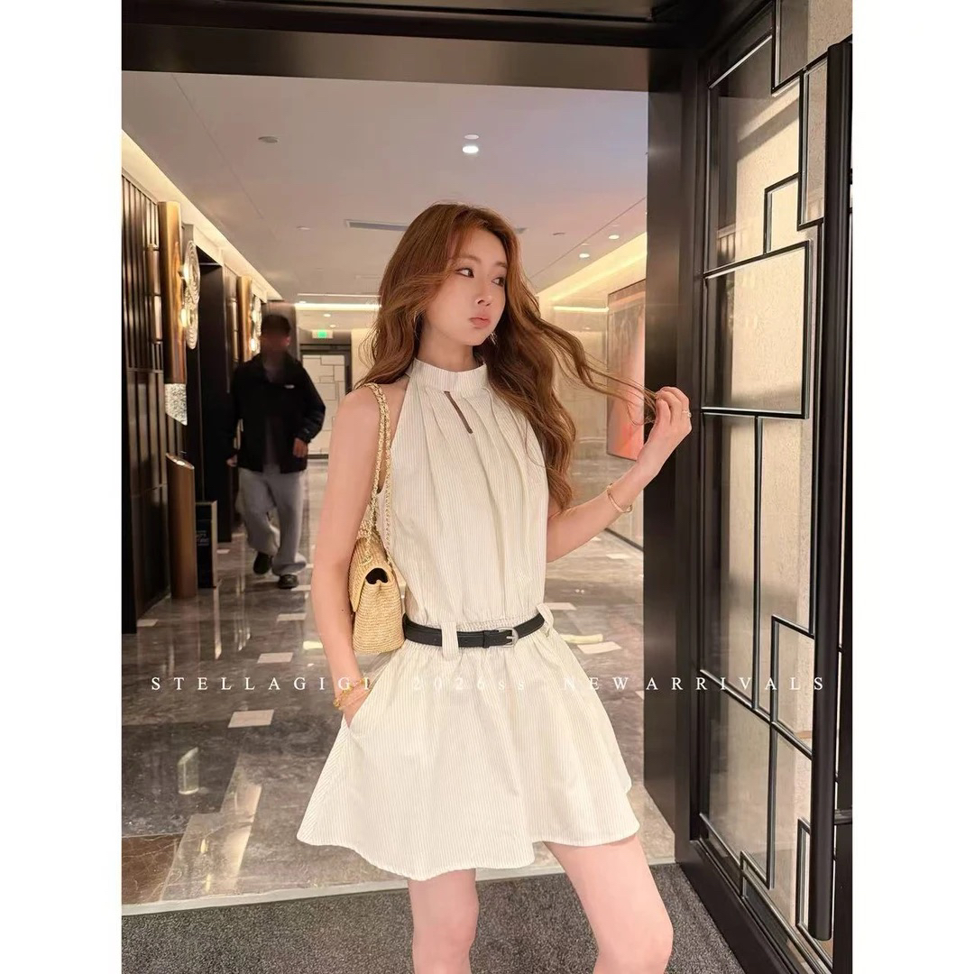 ss 한 부서 행침 목 세로 줄무늬 허리 수축 민소매 드레스