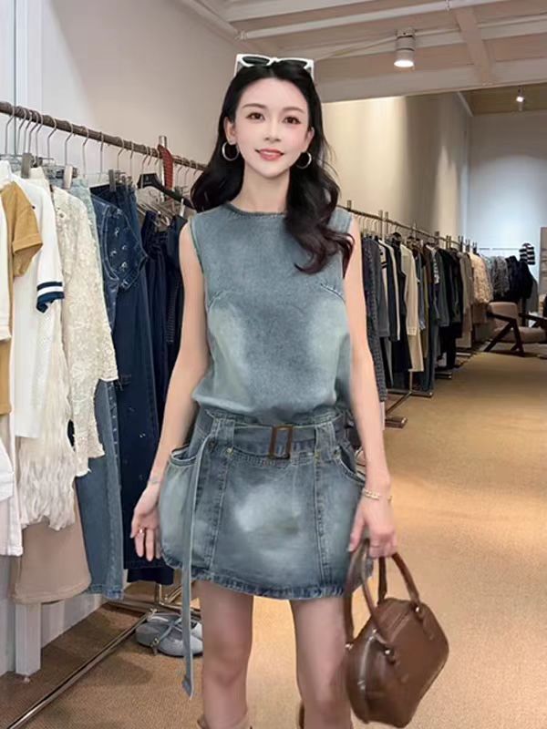 레트로 워싱 민소매 라운드 넥 데님 조끼 스커트 미니 스커트 드레스 벨트 포함