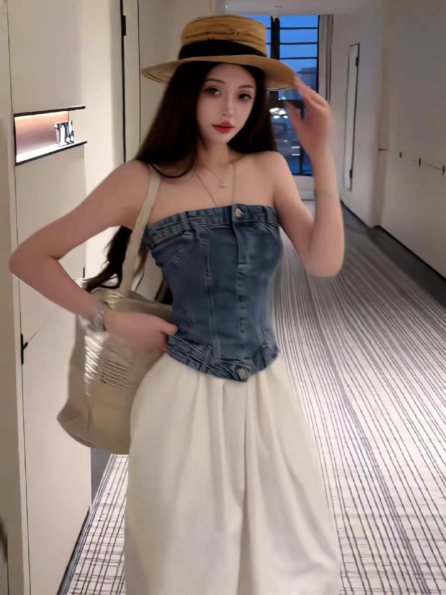 넓은 계속됨 핫걸 순수한 욕망 튜브탑 데님 캐미솔 여름 새로운 몸매 가꾸기 맨위 느긋한 캐주얼 바지 화이트 바지