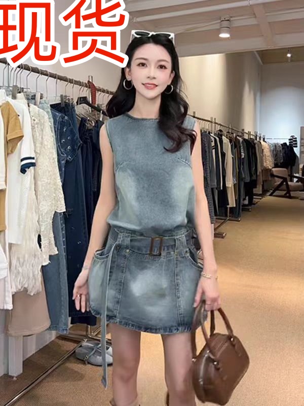 레트로 워싱 민소매 라운드 넥 데님 조끼 스커트 미니 스커트 드레스 벨트 포함