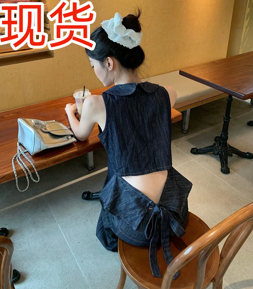 2026 데님 블루 백리스 스트랩 디자인 센스 베이비 칼라 민소매 작은 셔츠 하이웨이스트 넓은 다리 데님 캐주얼 바지 세트