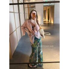 欧洲站2026年夏季新款度假风褶皱防晒衬衫+印花半身裙两件套女ins