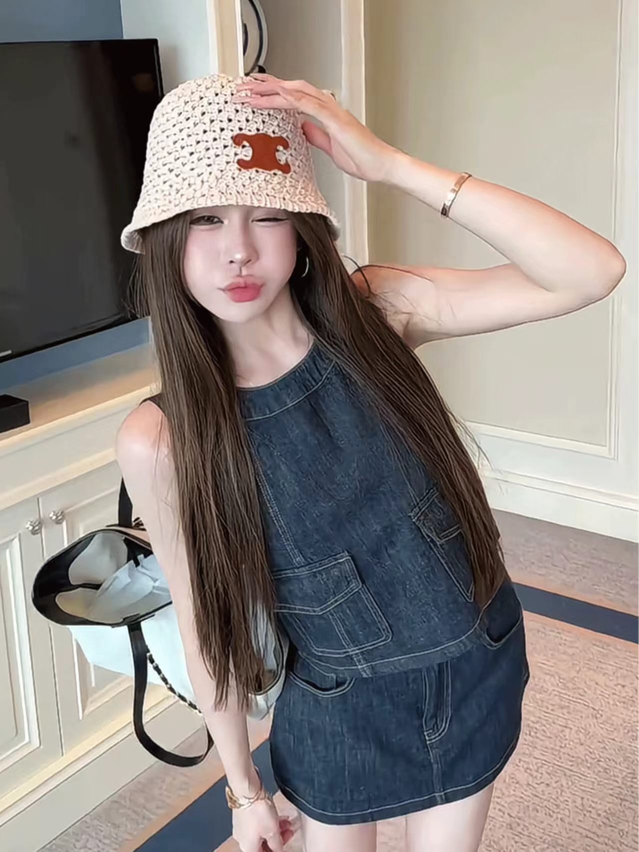 쌀 Na 홈 여름 마드리드 파란색 부드러운 찹쌀 데님 조끼 반 스커트 세트
