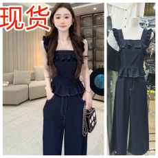 批发西恩<b class='q'>定制</b>●嗲系少女甜美原牛木耳边上衣+阔腿裤套装
