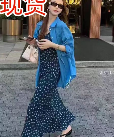 한 부서 꽃무늬 슬립 드레스 두 조각 여성 세트 2026 여름 패션 연령 감소 품격 파란색 셔츠 세트 드레스