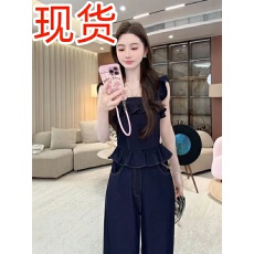批发西恩<b class='q'>定制</b>●嗲系少女甜美原牛木耳边上衣+阔腿裤套装