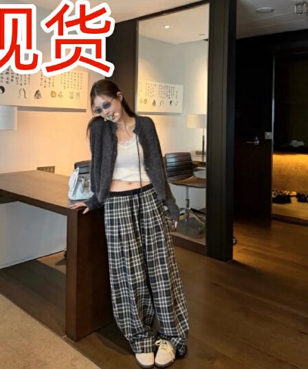 챕터 쉘 oker 정통 2026 가을 의상 새로운 허리밴드 레이스업 체크무늬 루즈핏 캐주얼 바지