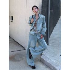 批发复古洗水做旧拉链牛仔短外套+<b class='q'>一体</b>不规则臀帘牛仔<b class='q'>裤</b>套装