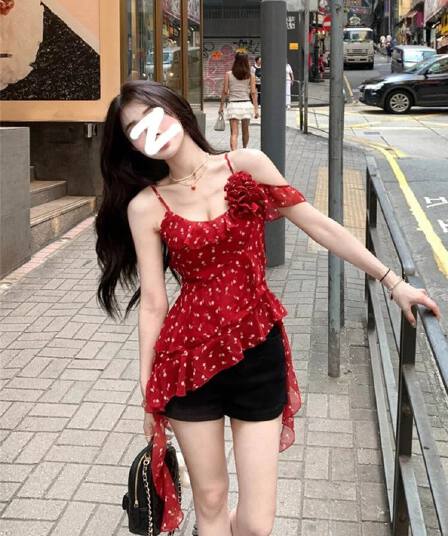 불규칙 꽃무늬 핫걸 리본 프릴 슬립 여성 2026 여름 새로운 디자인 센스 Chic 아름다운 맨위