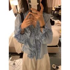 韩系chic洋气减龄超好看独特漂亮蓝色木耳边衬衫上衣女2025秋季款