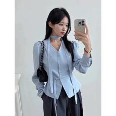 批发韩国chic秋季小众个性V领单排扣挂脖飘带系带收腰百搭长袖<b class='q'>衬衫</b>女