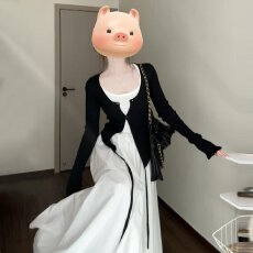 批发2025新款法式白色吊带<b class='q'>连衣</b>裙子女春秋季高级感小个子韩系穿搭套装