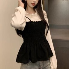 批发大码小众不撞款假两件长袖衬衫女早秋胖mm显瘦遮肚<b class='q'>娃娃衫</b>短款上衣