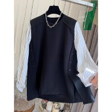 批发气质条纹衬衫假两件卫衣上衣女装宽松休闲慵懒风开叉2025秋季新款