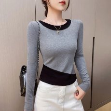 批发韩系撞色圆领长袖内搭T恤女2026秋冬季新款<b class='q'>假两件</b>打底衫修身<b class='q'>上衣</b>