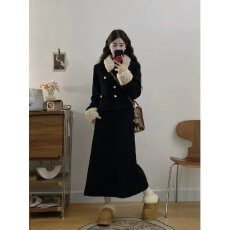 批发赫本风撞色polo领毛毛套装大码胖mm高级感小香风半身裙加绒短外套