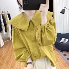 批发不规则娃娃领纯棉长袖衬衫女<b class='q'>春秋</b>季新款韩系宽松减龄上衣打底衬衣