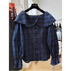 批发巨好看的复古格子韩系穿搭一字肩荷叶领长袖衬衫女<b class='q'>春秋</b>季小衫上衣