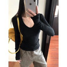 批发黑色v领长袖磨毛<b class='q'>T</b><b class='q'>恤</b>女秋冬修身内搭保暖打底衫收腰显身材<b class='q'>紧身</b>上衣