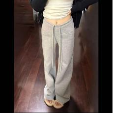 批发灰色高腰抽绳卫裤微喇休闲裤女2025春秋新款宽松阔腿显瘦直筒裤子