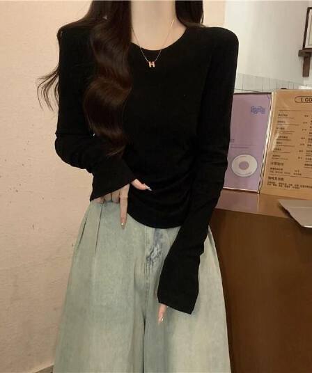 봄 가을 겨울 인사이드 가져 가라. 화이트 티셔츠 여성 긴 소매 몸매 가꾸기 슬림해 보이는 핫걸 쇼트 스타일 작은 키 기본 셔츠 맨위 한국 스타일