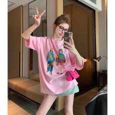 批发<b class='q'>街头</b>印花卡通印花宽松情侣短袖T恤女纯棉tee落肩大码五分体恤衫