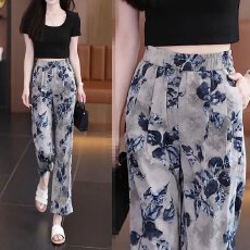 批发冰丝九分直筒裤女2025夏季新款<b class='q'>大码</b>宽松女裤阔腿裤水墨印染休闲裤