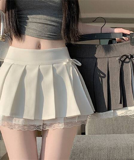 레이스 조각 플리츠 미니 스커트 여성 봄 작은 키 캐주얼 트임 노출 방지 한 마디 퍼프 정장 반신 스커트