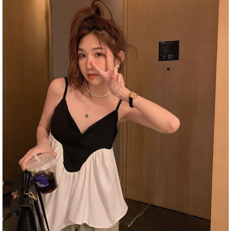 프랑스식 품격 V넥 민소매 작은 슬링 조끼 여성 여름 외출용 Chic 고유 한 고급 센스 배색 작은 셔츠 맨위