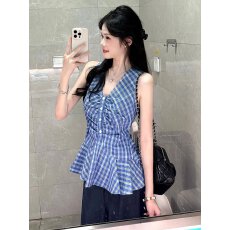 批发韩系复古蓝色格子无袖挂脖小衫韩版收腰设计感背心吊带上衣女夏季